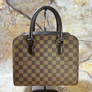 Louis Vuitton Triana Handbag Damier Ebene Canvas Leather Tote Bag Brown
